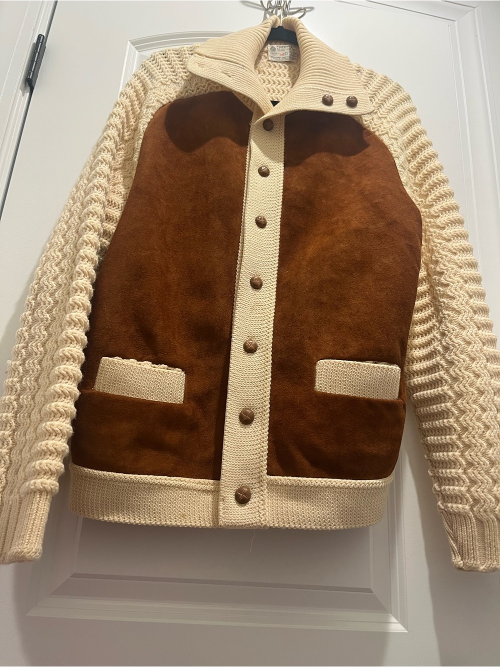 Vintage Tundra Cream Heavy Knit & Brown Suede Cardigan Virgin Wool Unisex